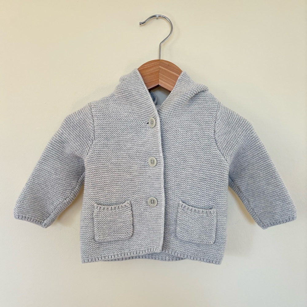 Baby Gap Gray Knit Button Up Hoodie Sweater w Bunny Ears on Hood - 3-6m EUC